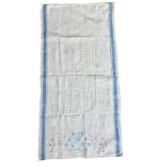 Vtg 50s Embroidered Kitchen Tea Towel Pink Blue Glasses Table Runner Cottagecore - Picture 2 of 11